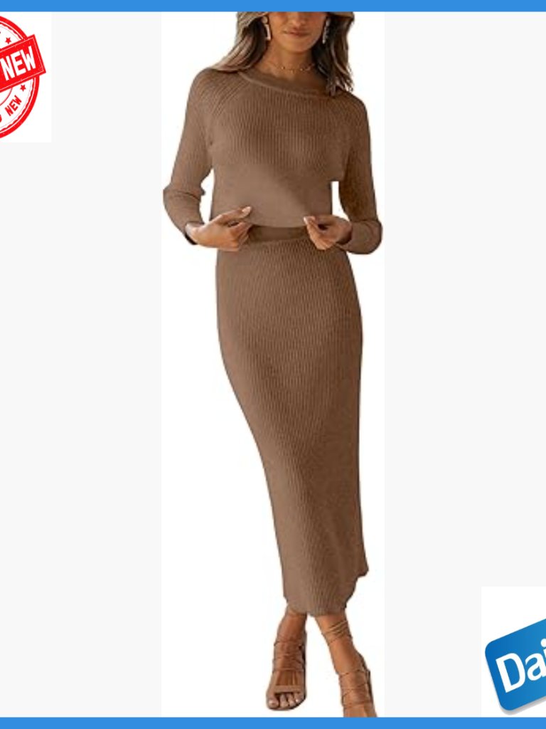 Ribbed Sweater Set Crop Top Maxi Skirt 2 Piece Outfit Slim Fit